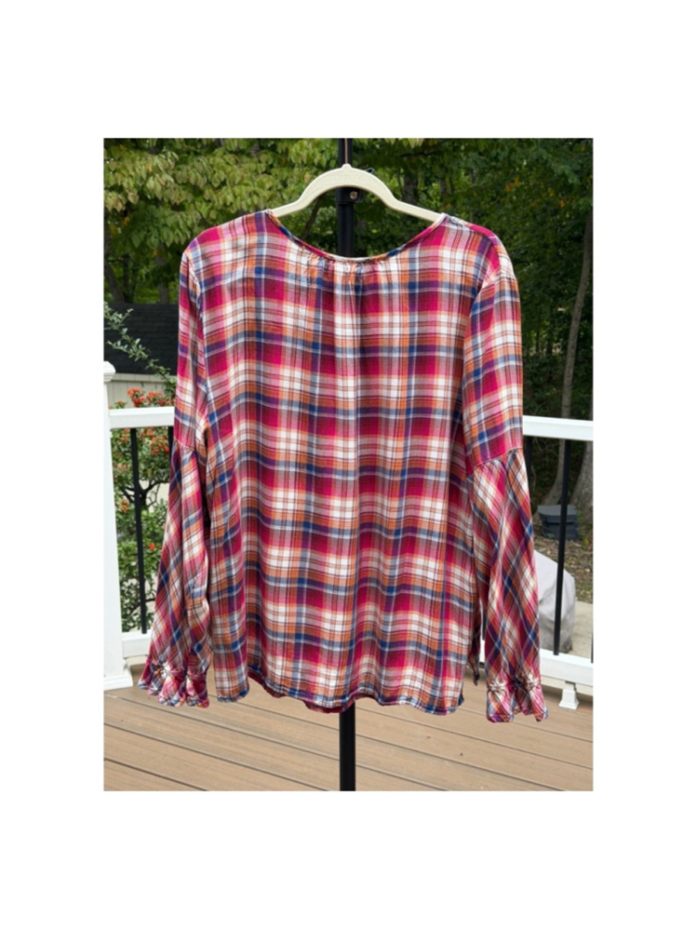 Ruby Rd. Plaid Red White Tassel Tie Neck Long Sleeve Blouse Sz. XL - Picture 2 of 5